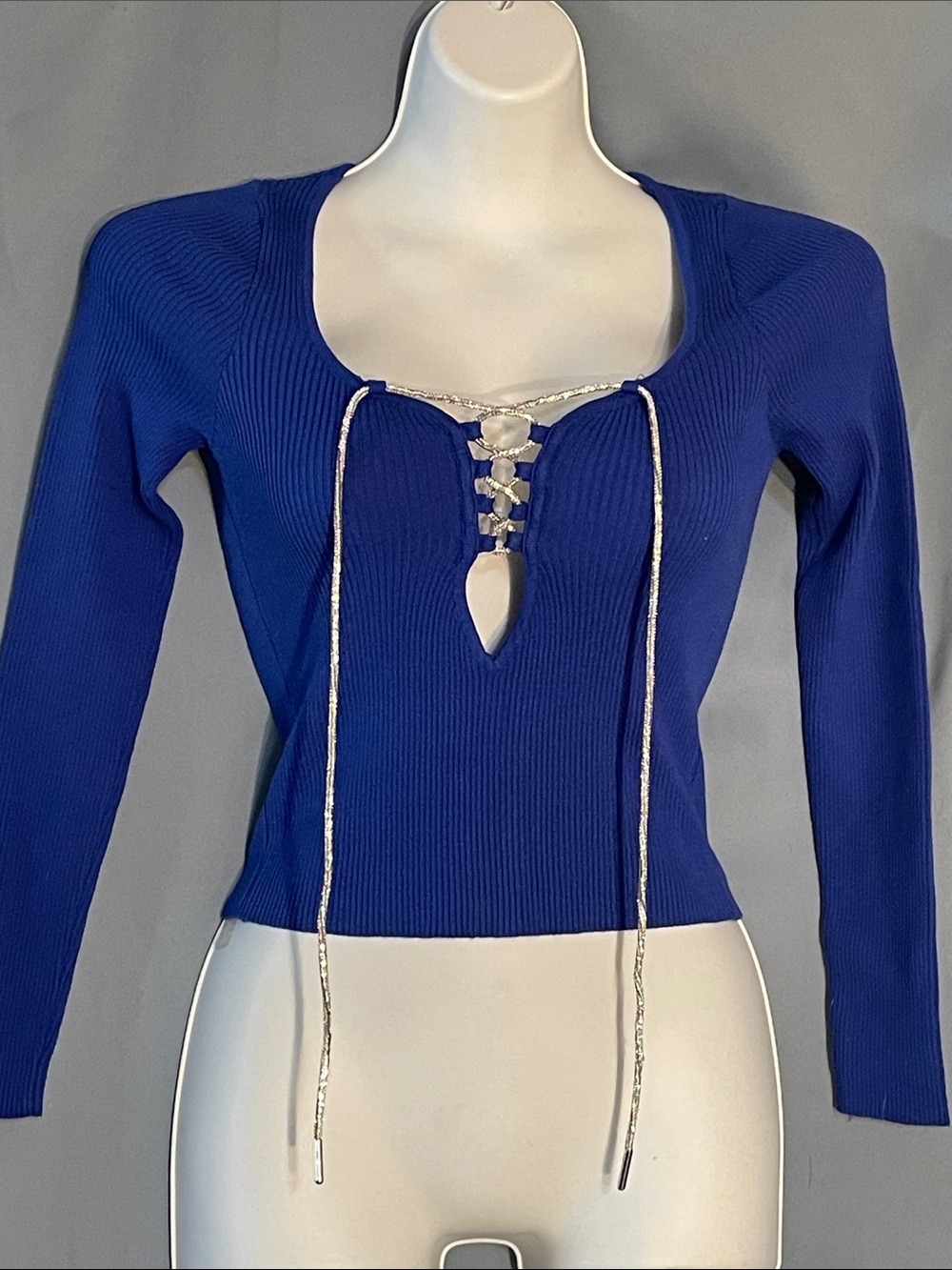 Ribbed Lace-Up Long Sleeve Top - Cobalt Blue
